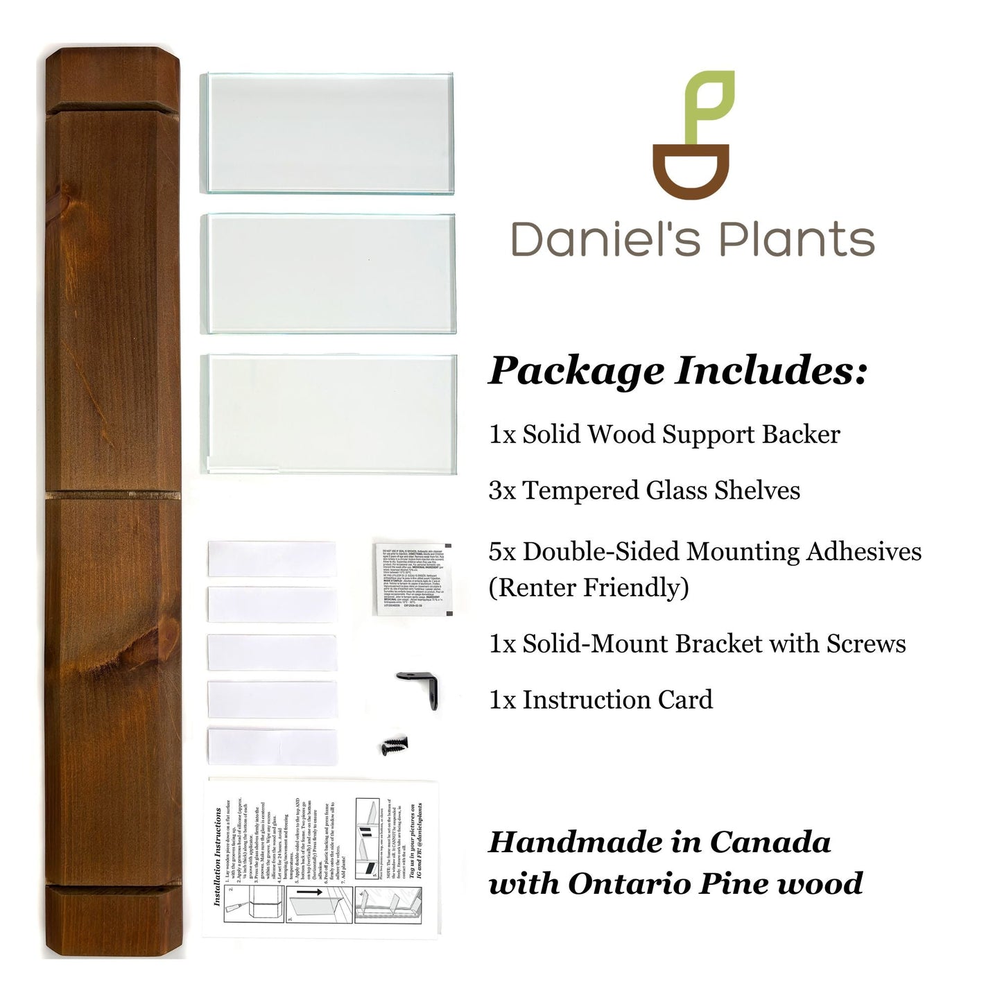 Renter-Friendly Window Shelf | Woodland Brown with Tempered Glass Daniel's Plants